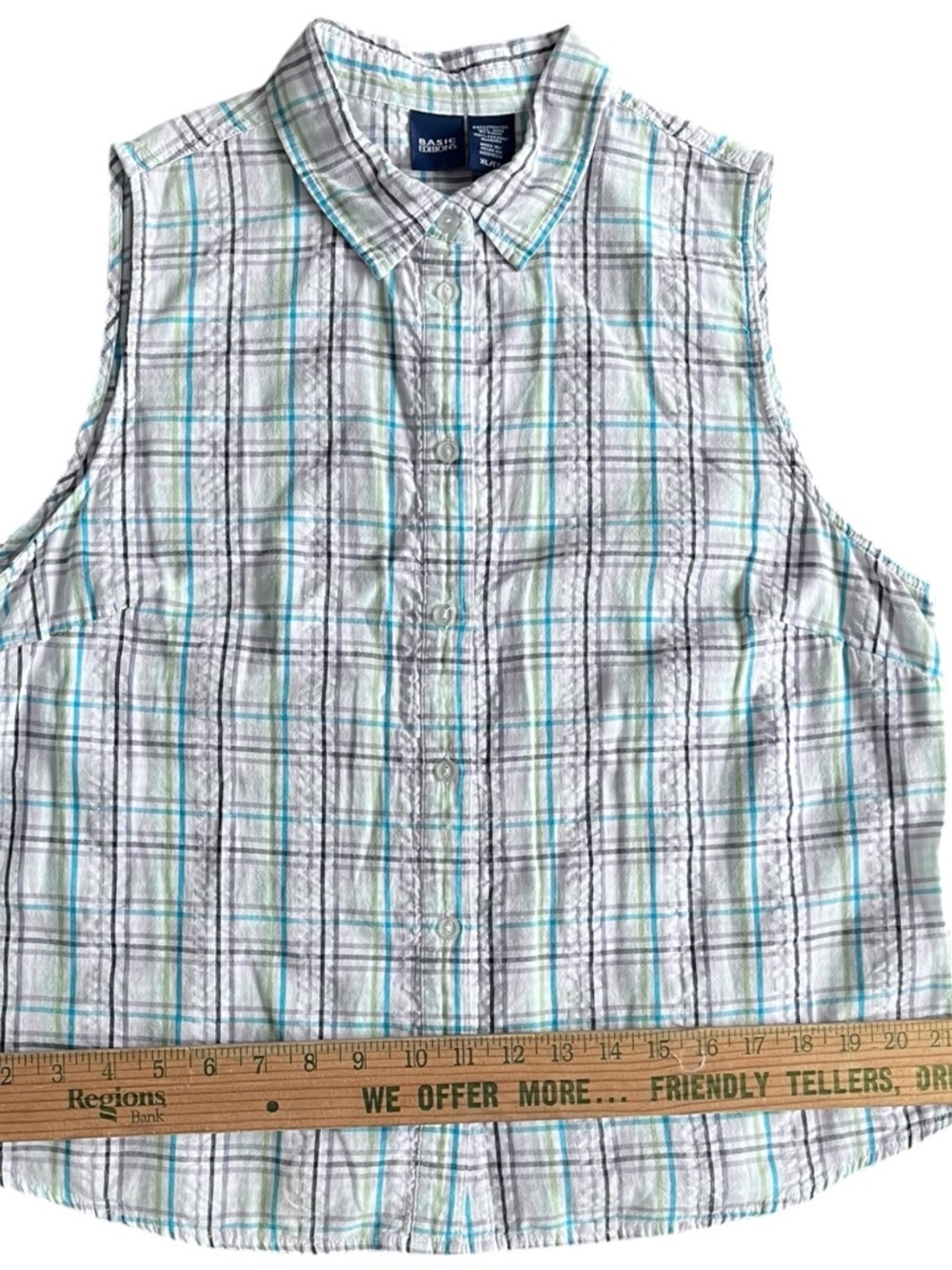 Basic Editions Sleeveless Plaid Button-Up Shirt - White/Blue - Picture 4 of 6